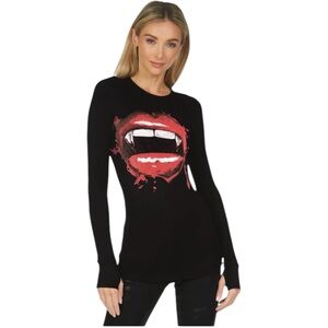 Lauren Moshi Vampire Lip Black Fitted Long Sleeve Thermal Top Size Medium
